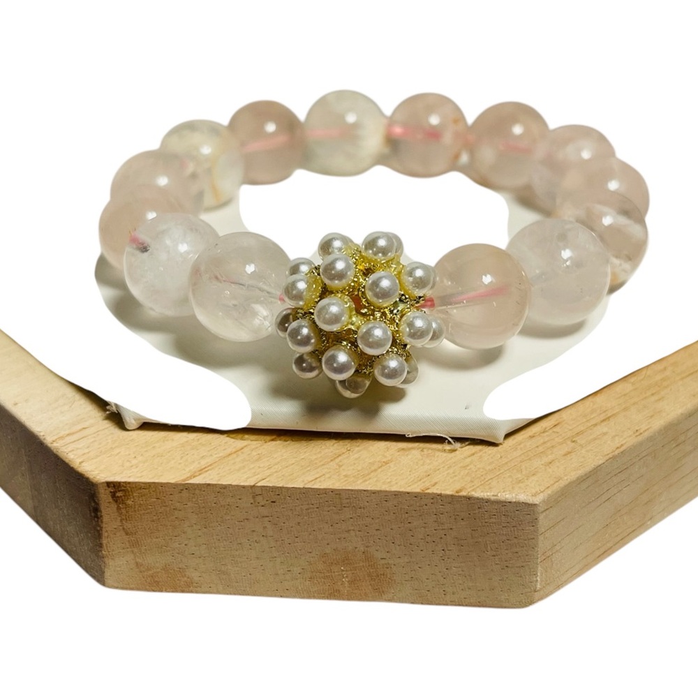 Elegant Faux Pearl and Pink Flower Agate Beaded Bracelet